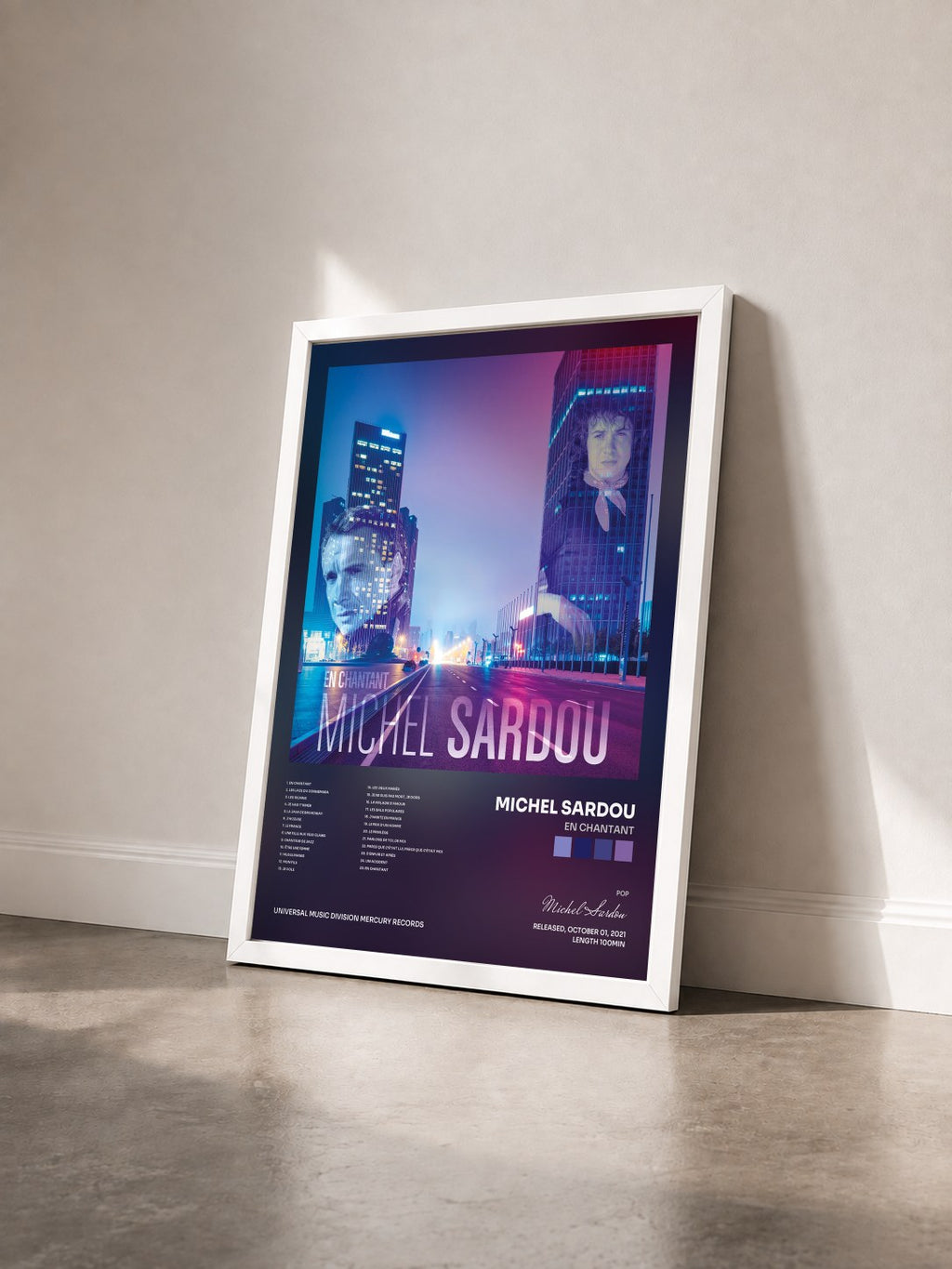 #blanc Tableau de l'album En chantant de Michel Sardou vu de trois quarts, cadre blanc