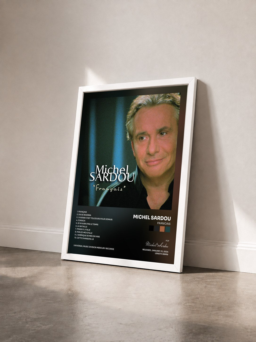 #blanc Francais de Michel Sardou en lámina enmarcada vista de tres cuartos, marco blanco