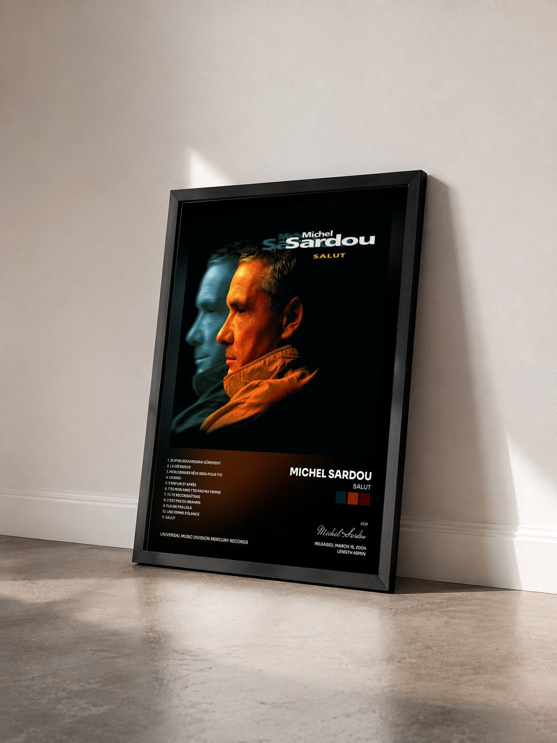#noir Salut de Michel Sardou en lámina enmarcada vista de tres cuartos, marco negro