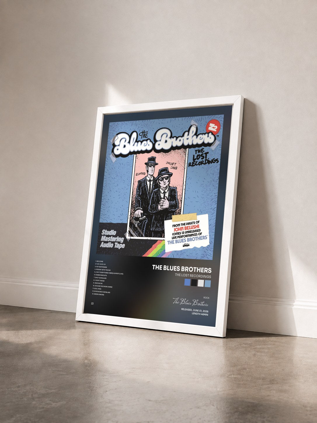 #blanc The Lost Recordings by The Blues Brothers as a framed art print seen at an angle, white frame