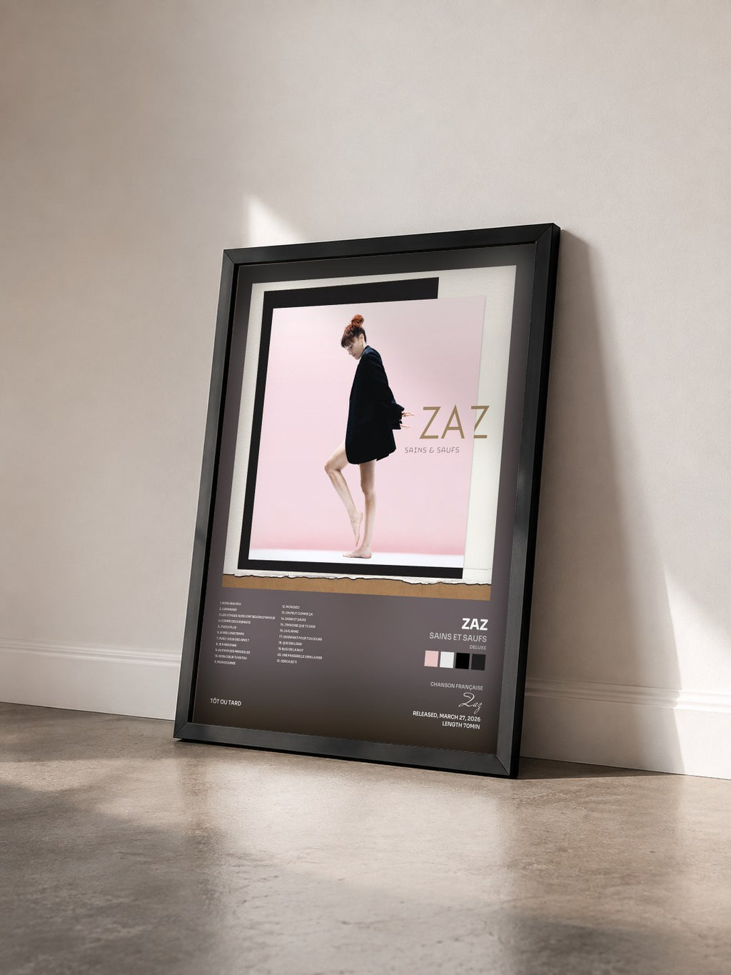 #noir Sains et saufs (Deluxe) de Zaz en lámina enmarcada vista de tres cuartos, marco negro