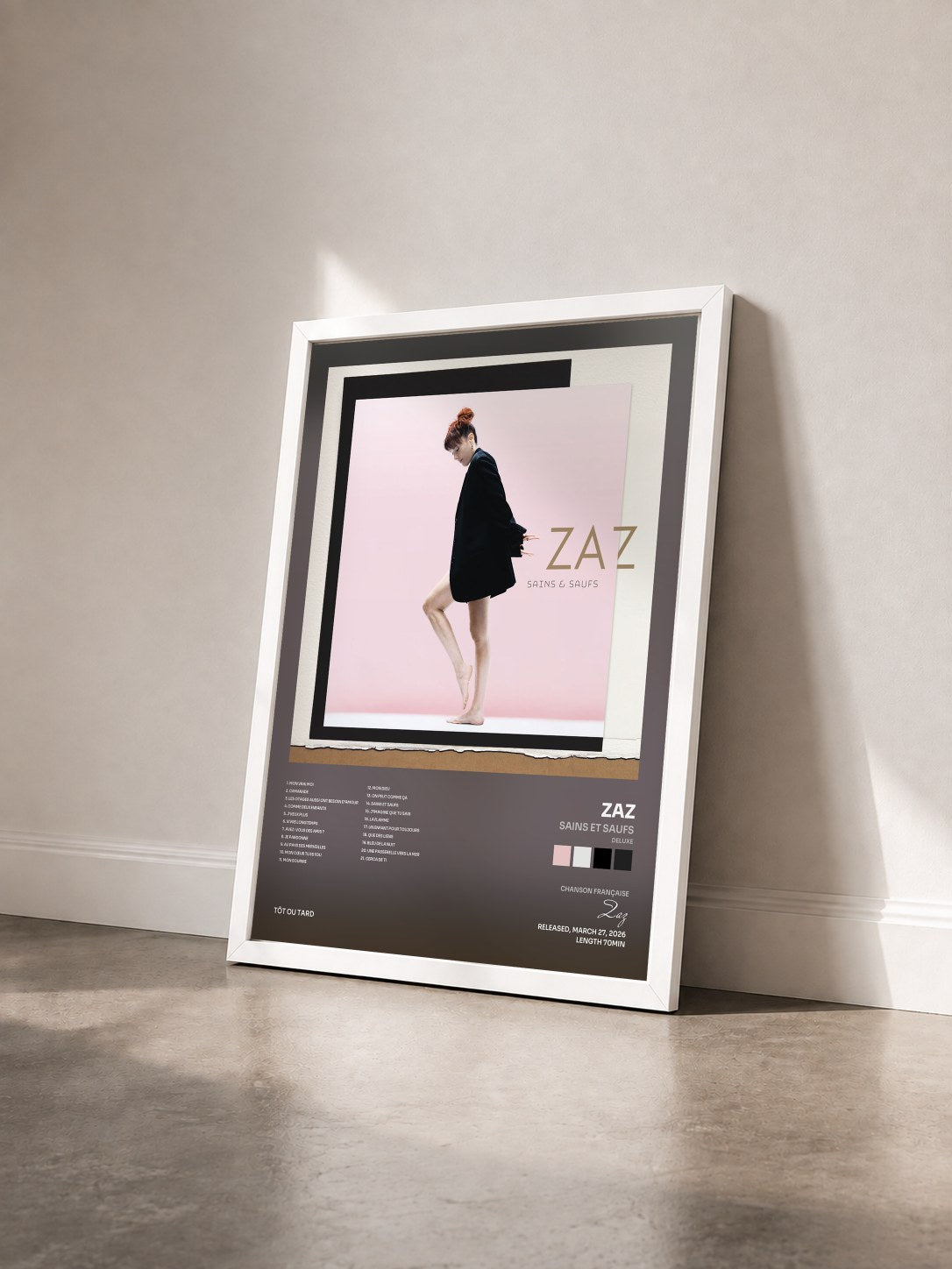 #blanc Sains et saufs (Deluxe) de Zaz en lámina enmarcada vista de tres cuartos, marco blanco