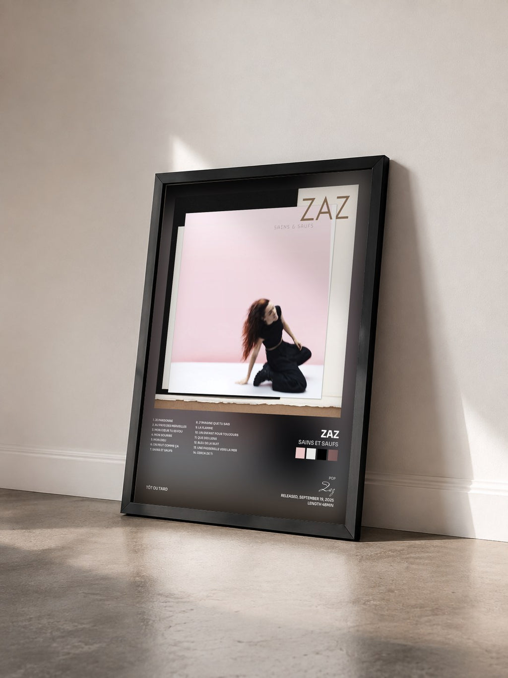 #noir Tableau de l'album Sains et saufs de Zaz vu de trois quarts, cadre noir