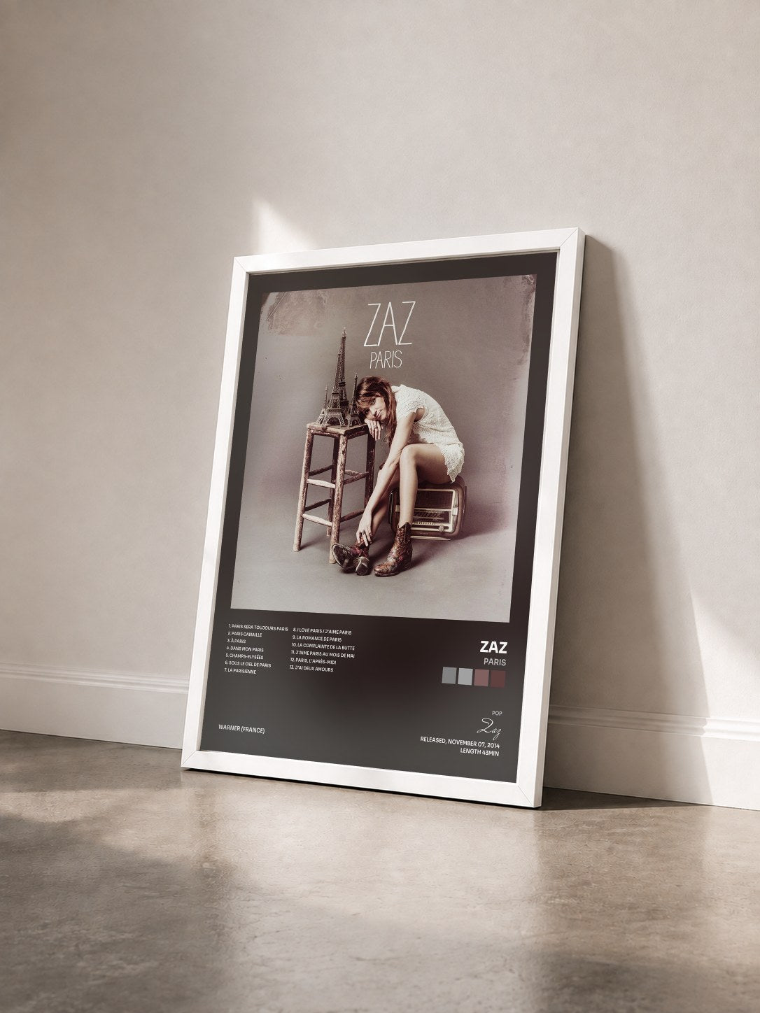 #blanc Paris by Zaz as a framed art print seen at an angle, white frame