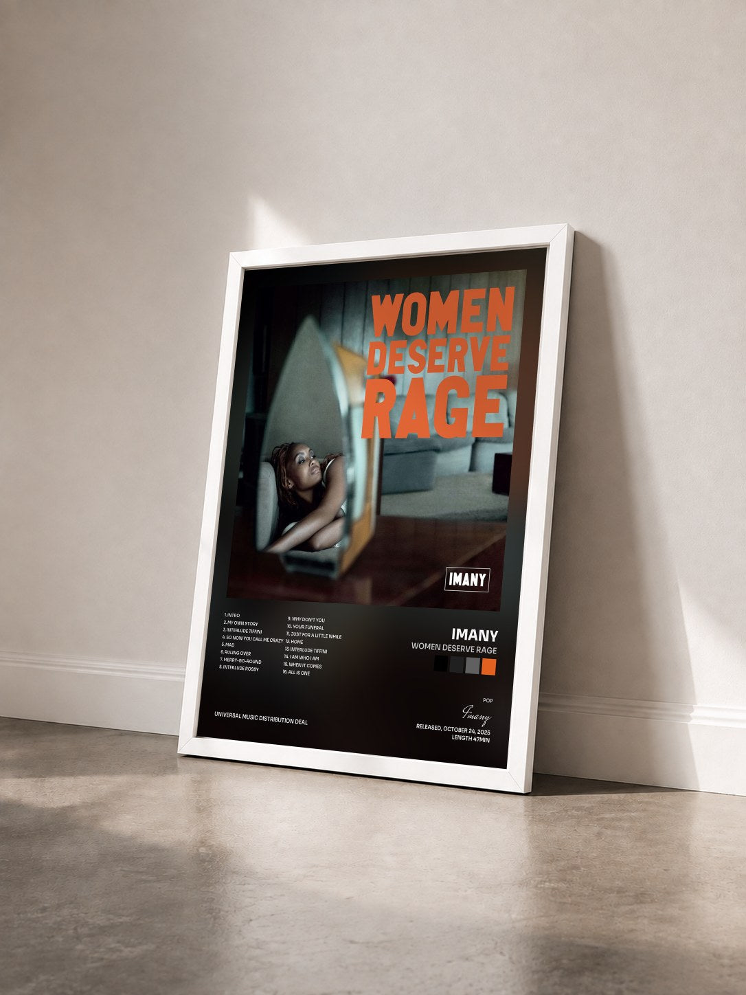#blanc Tableau de l'album Women Deserve Rage de Imany vu de trois quarts, cadre blanc