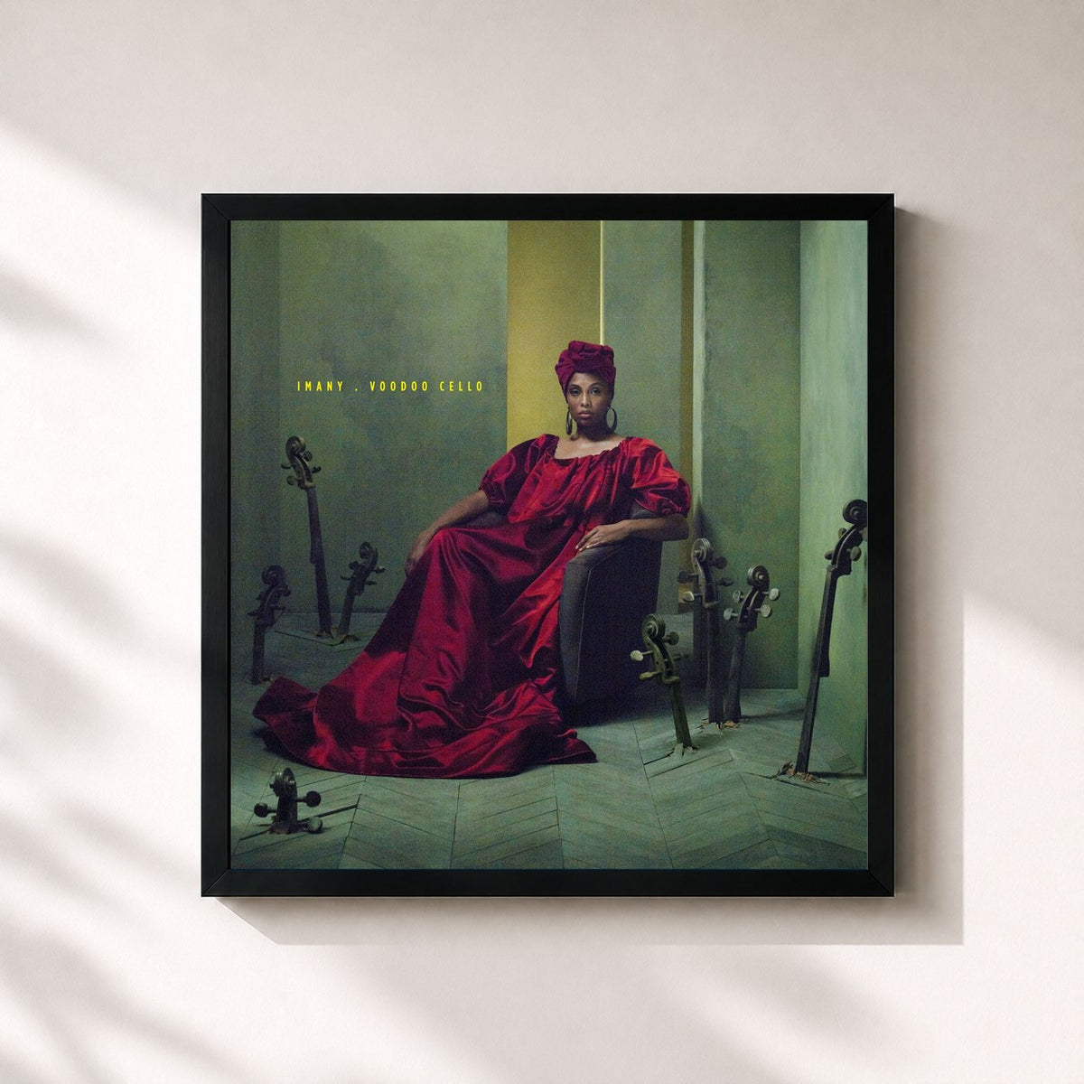 #noir Tableau carré de l'album Voodoo Cello de Imany, cadre noir 32x32 cm