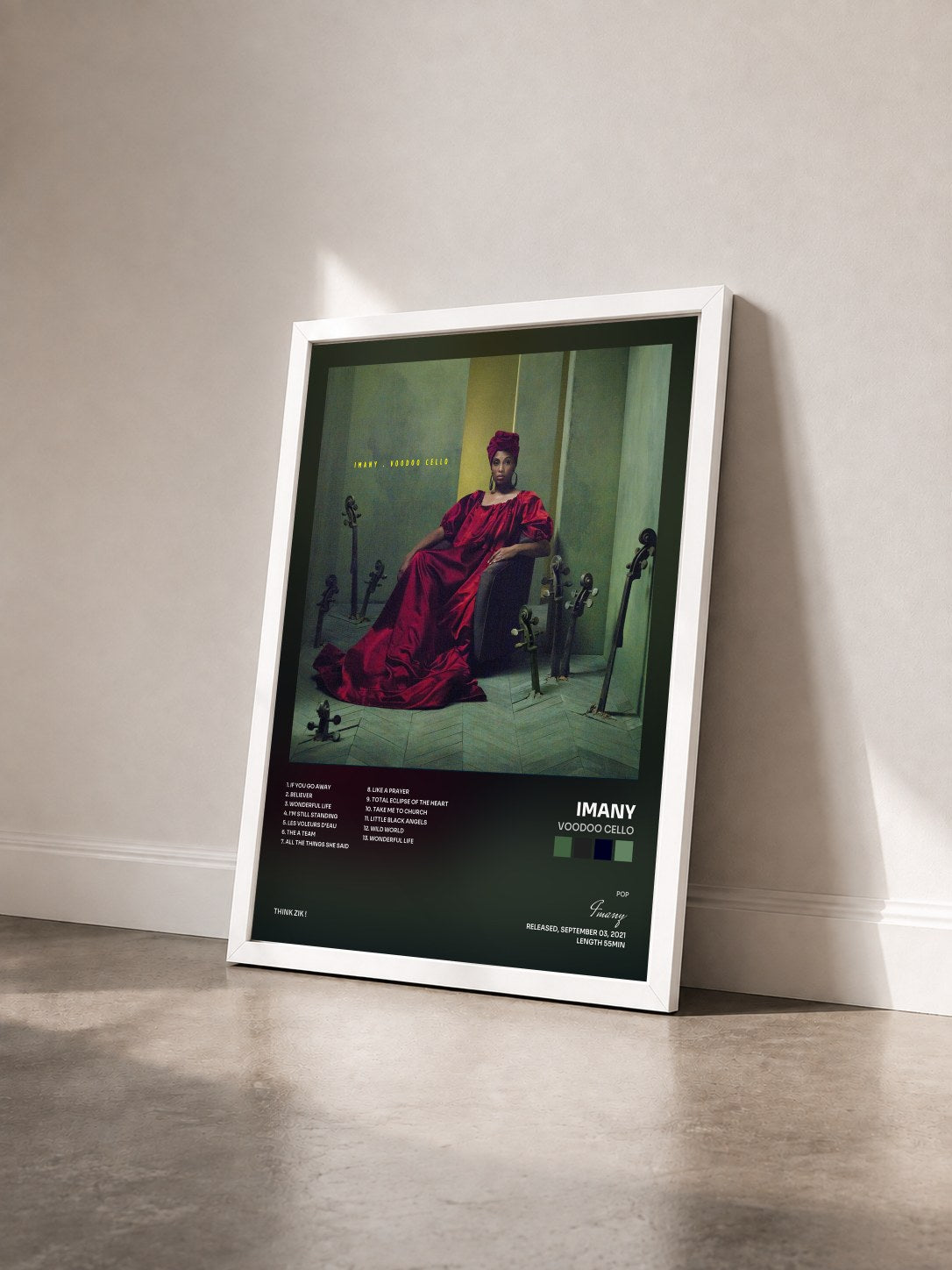 #blanc Tableau de l'album Voodoo Cello de Imany vu de trois quarts, cadre blanc