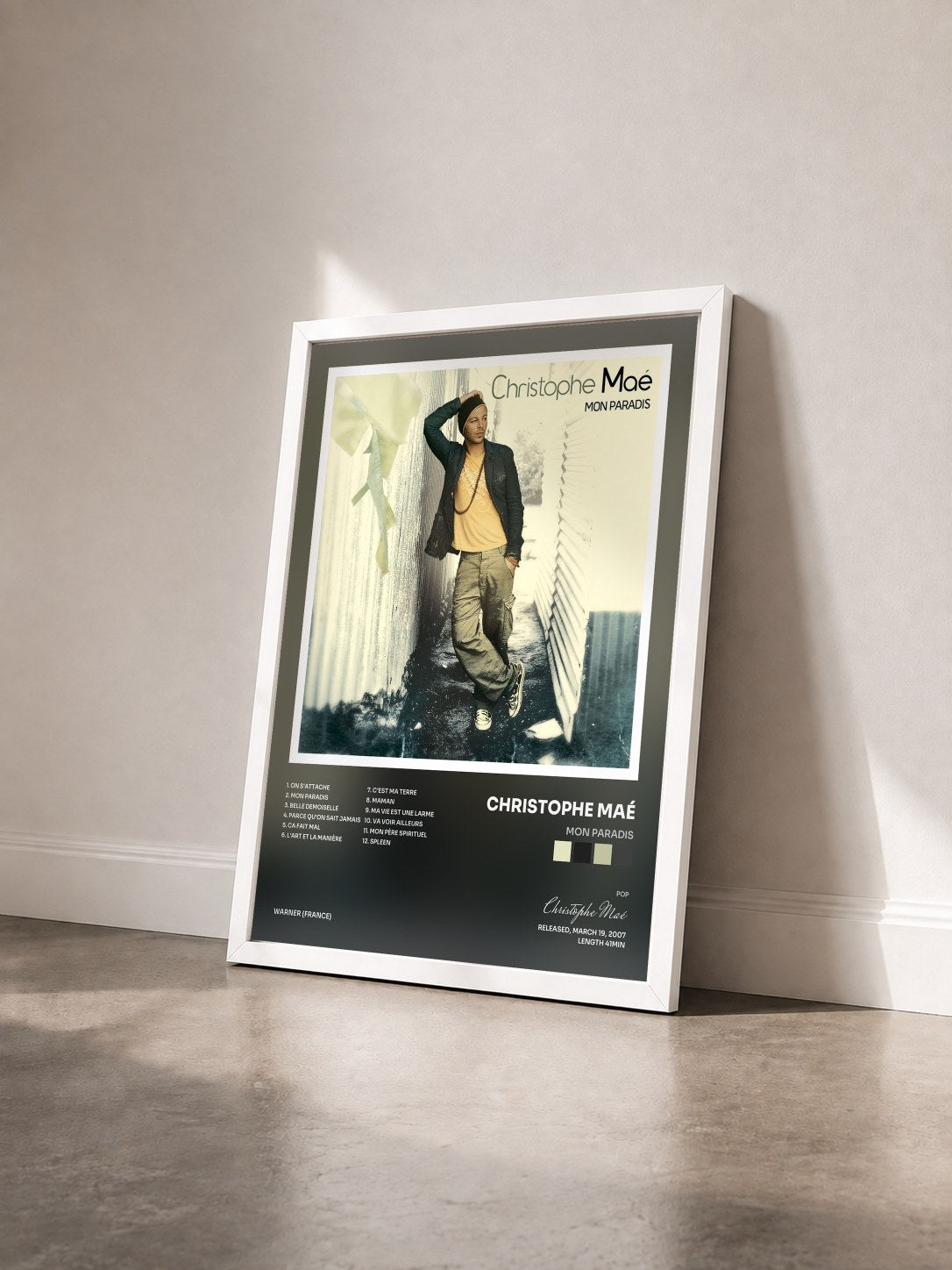 #blanc Tableau de l'album Mon paradis de Christophe Maé vu de trois quarts, cadre blanc