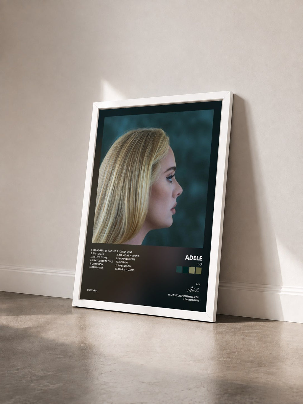 #blanc Tableau de l'album 30 de Adele vu de trois quarts, cadre blanc