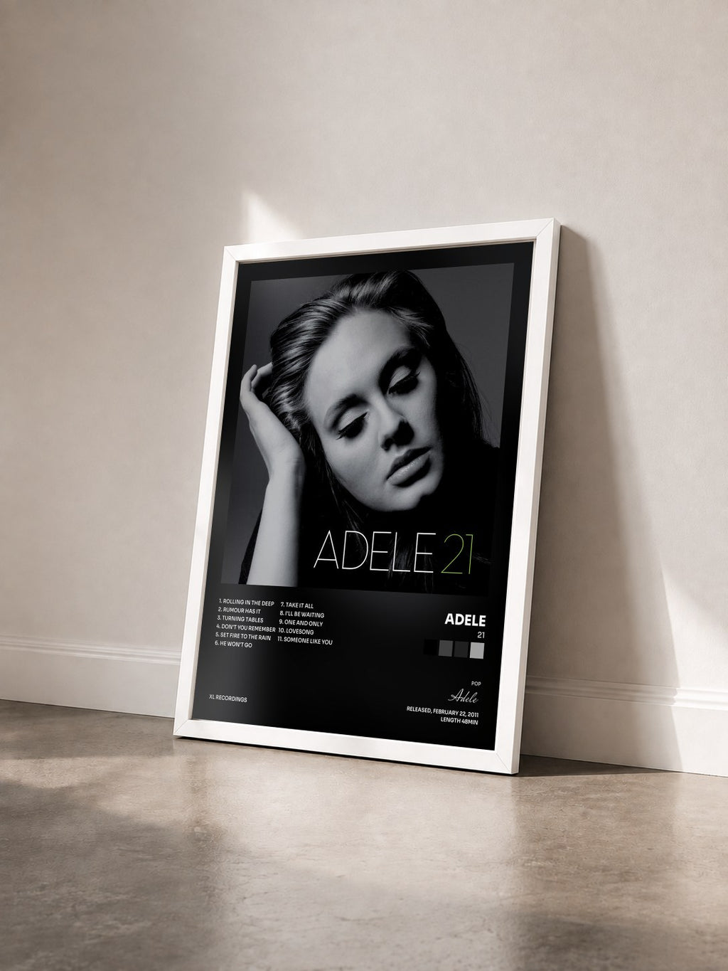 #blanc Tableau de l'album 21 de Adele vu de trois quarts, cadre blanc