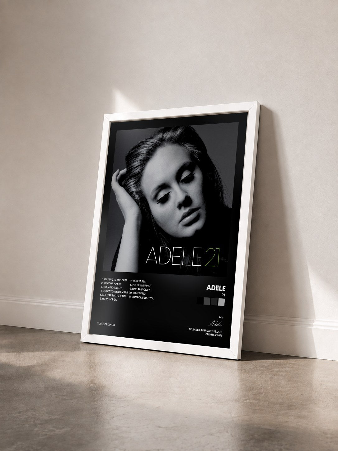 #blanc Tableau de l'album 21 de Adele vu de trois quarts, cadre blanc