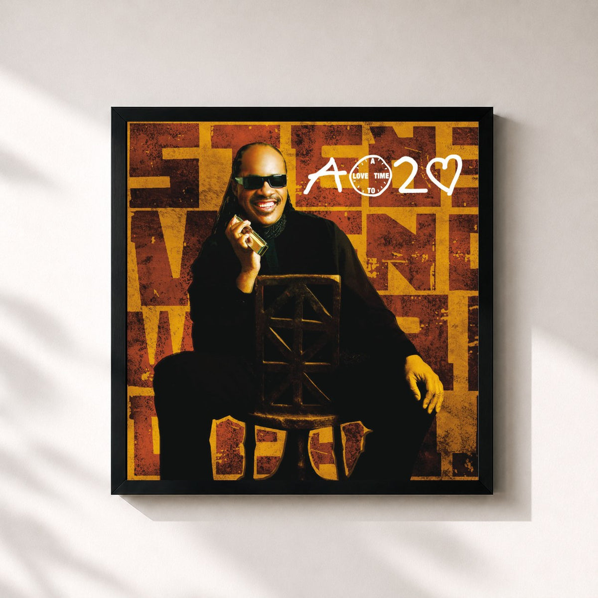 #noir Tableau carré de l'album A Time To Love de Stevie Wonder, cadre noir 32x32 cm