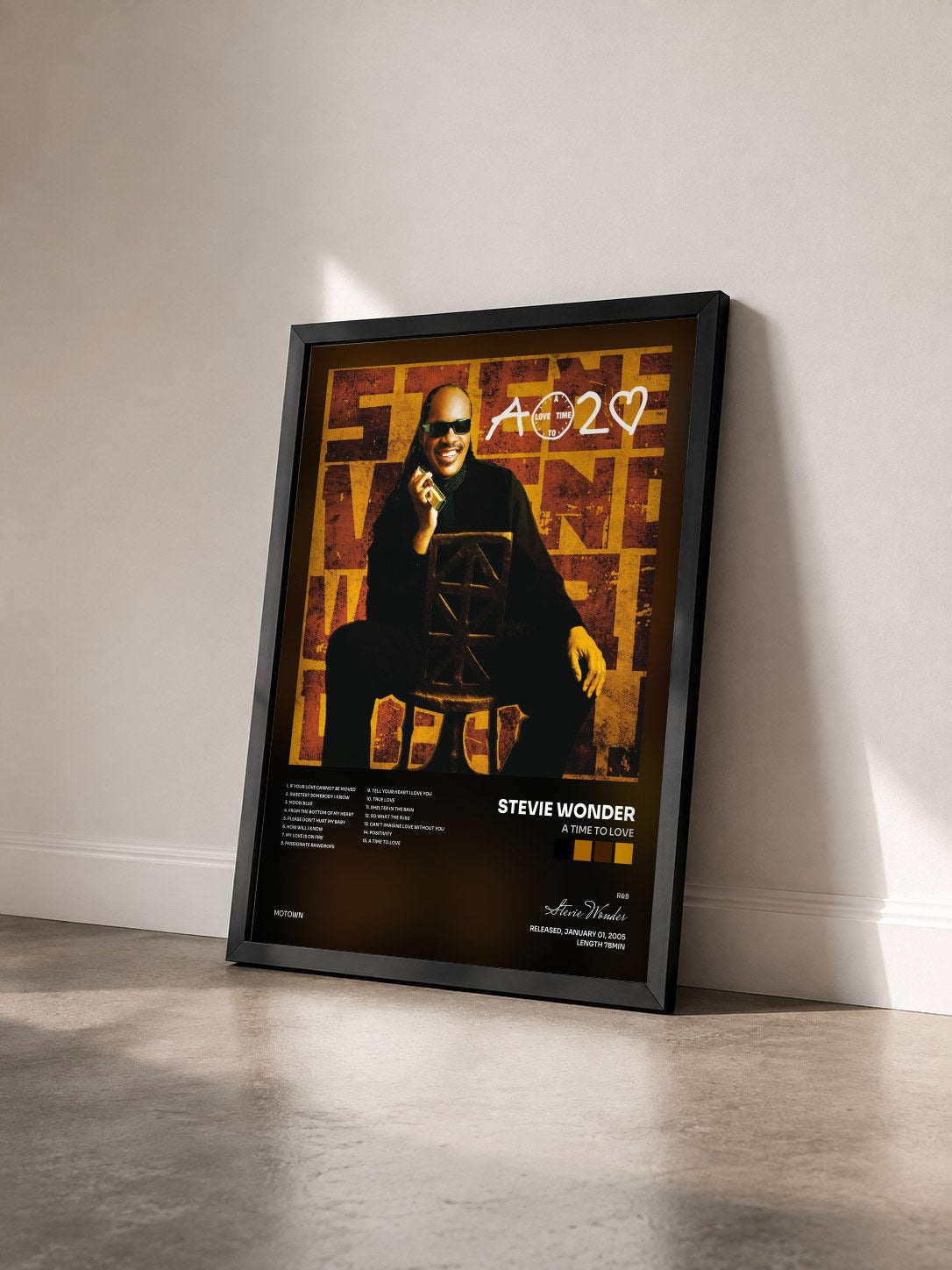 #noir Tableau de l'album A Time To Love de Stevie Wonder vu de trois quarts, cadre noir