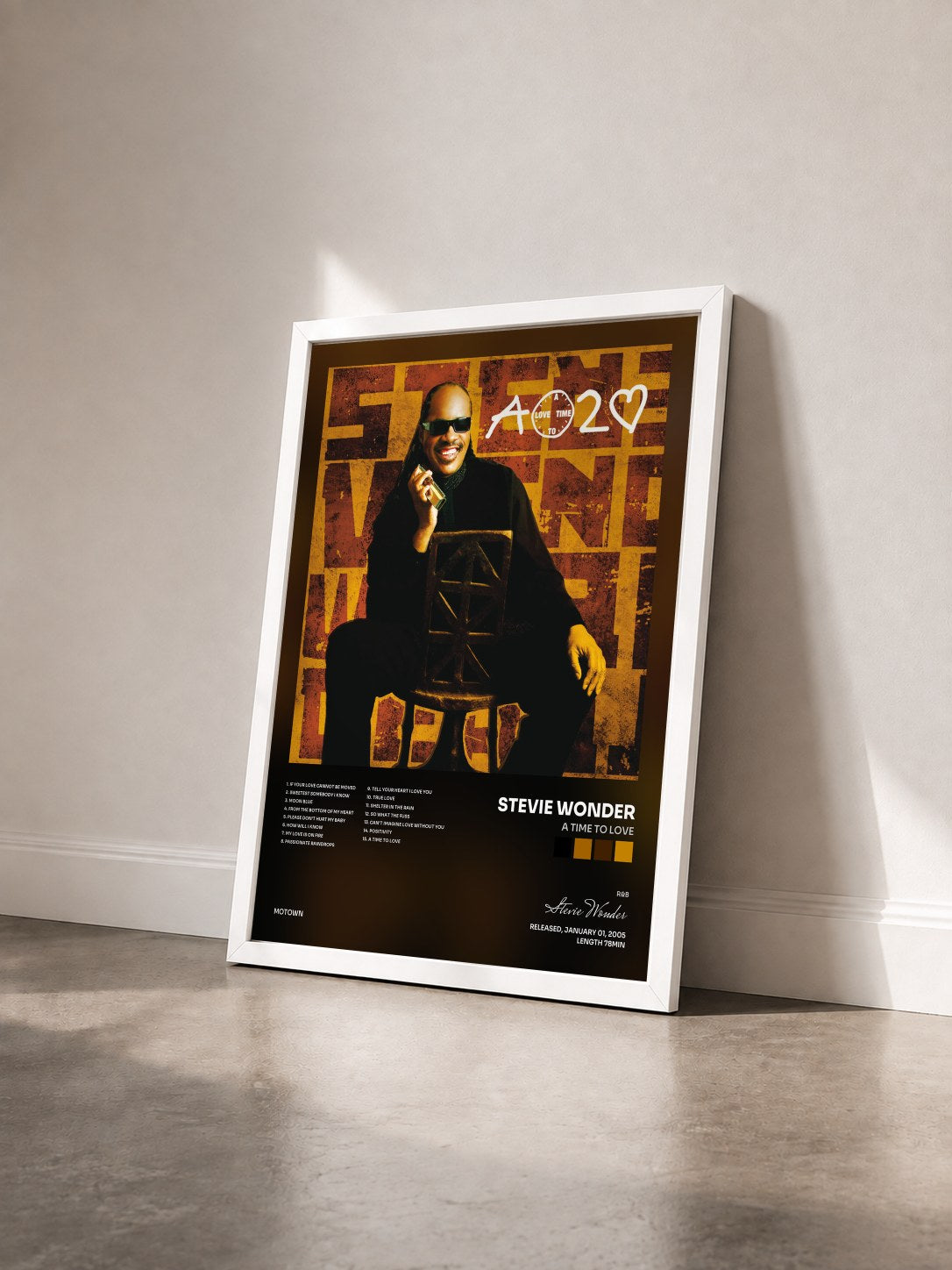 #blanc Tableau de l'album A Time To Love de Stevie Wonder vu de trois quarts, cadre blanc