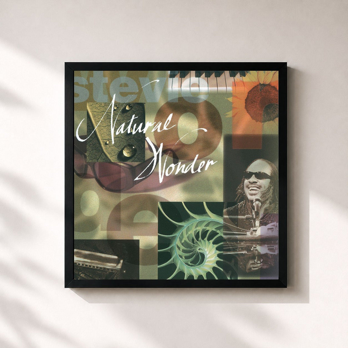 #noir Tableau carré de l'album Natural Wonder de Stevie Wonder, cadre noir 32x32 cm