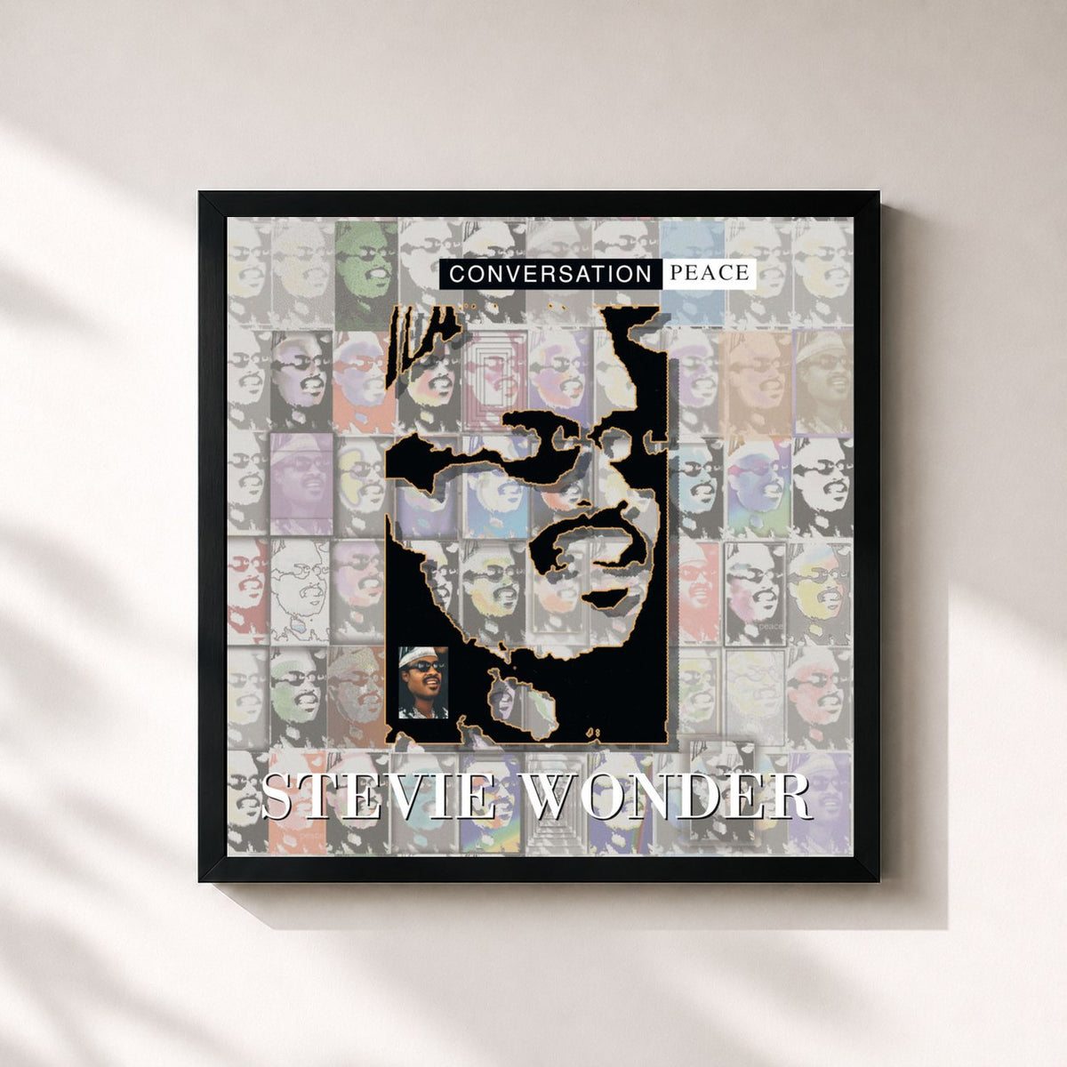 #noir Tableau carré de l'album Conversation Peace de Stevie Wonder, cadre noir 32x32 cm