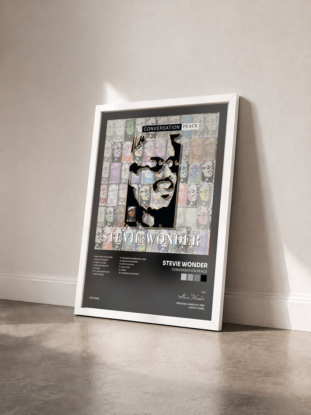 #blanc Conversation Peace di Stevie Wonder in stampa incorniciata vista di tre quarti, cornice bianca