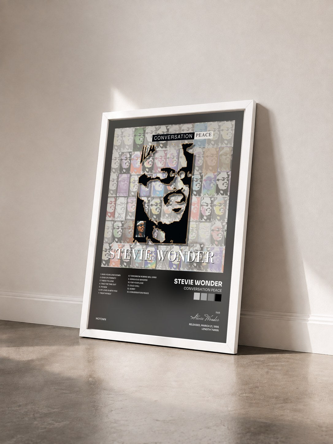 #blanc Tableau de l'album Conversation Peace de Stevie Wonder vu de trois quarts, cadre blanc
