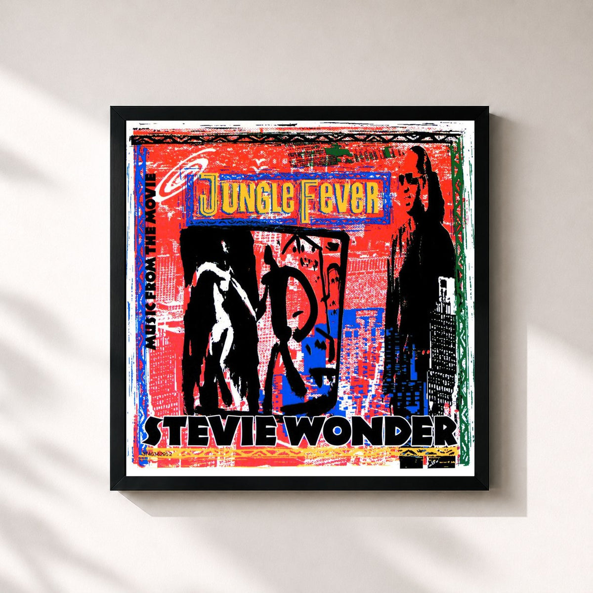 #noir Tableau carré de l'album Music From The Movie "Jungle Fever" de Stevie Wonder, cadre noir 32x32 cm
