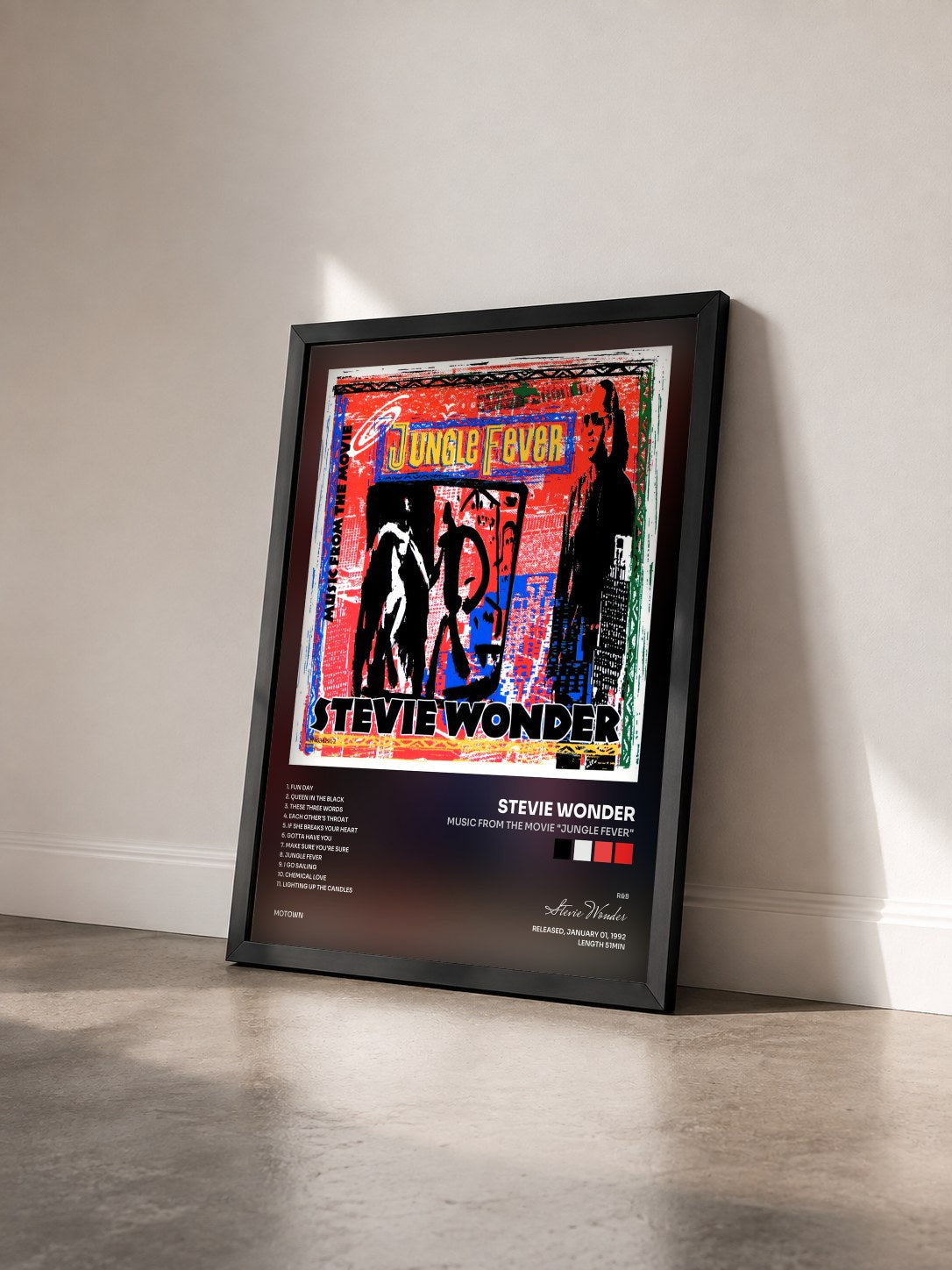 #noir Tableau de l'album Music From The Movie "Jungle Fever" de Stevie Wonder vu de trois quarts, cadre noir