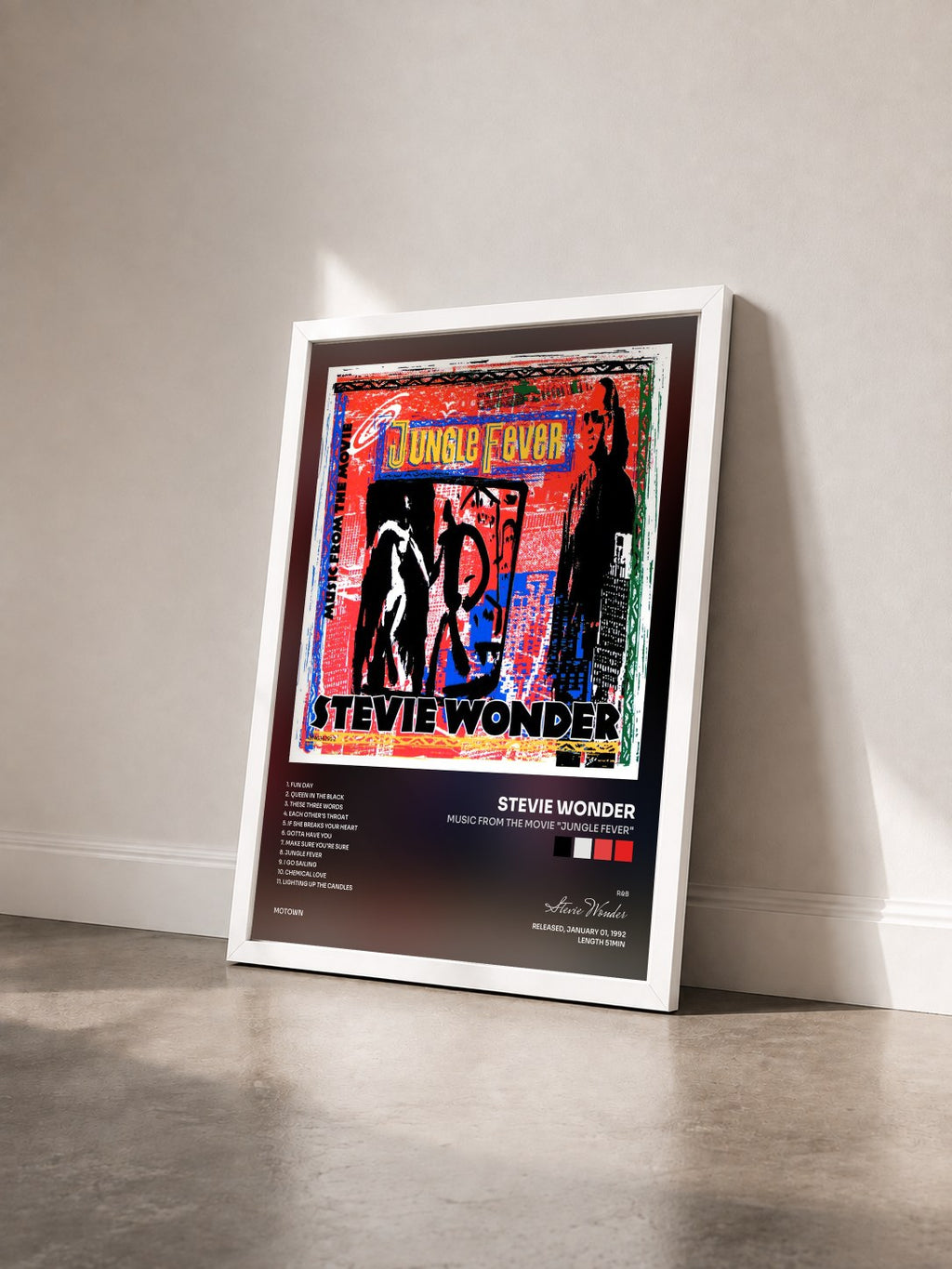 #blanc Tableau de l'album Music From The Movie "Jungle Fever" de Stevie Wonder vu de trois quarts, cadre blanc