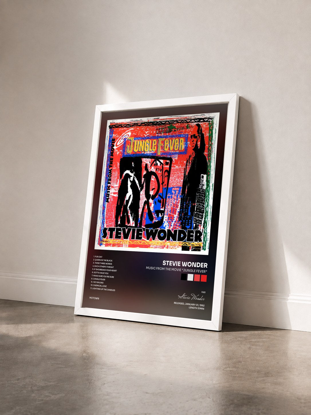 #blanc Tableau de l'album Music From The Movie "Jungle Fever" de Stevie Wonder vu de trois quarts, cadre blanc