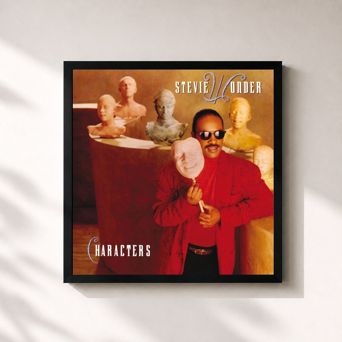 #noir Tableau carré de l'album Characters de Stevie Wonder, cadre noir 32x32 cm