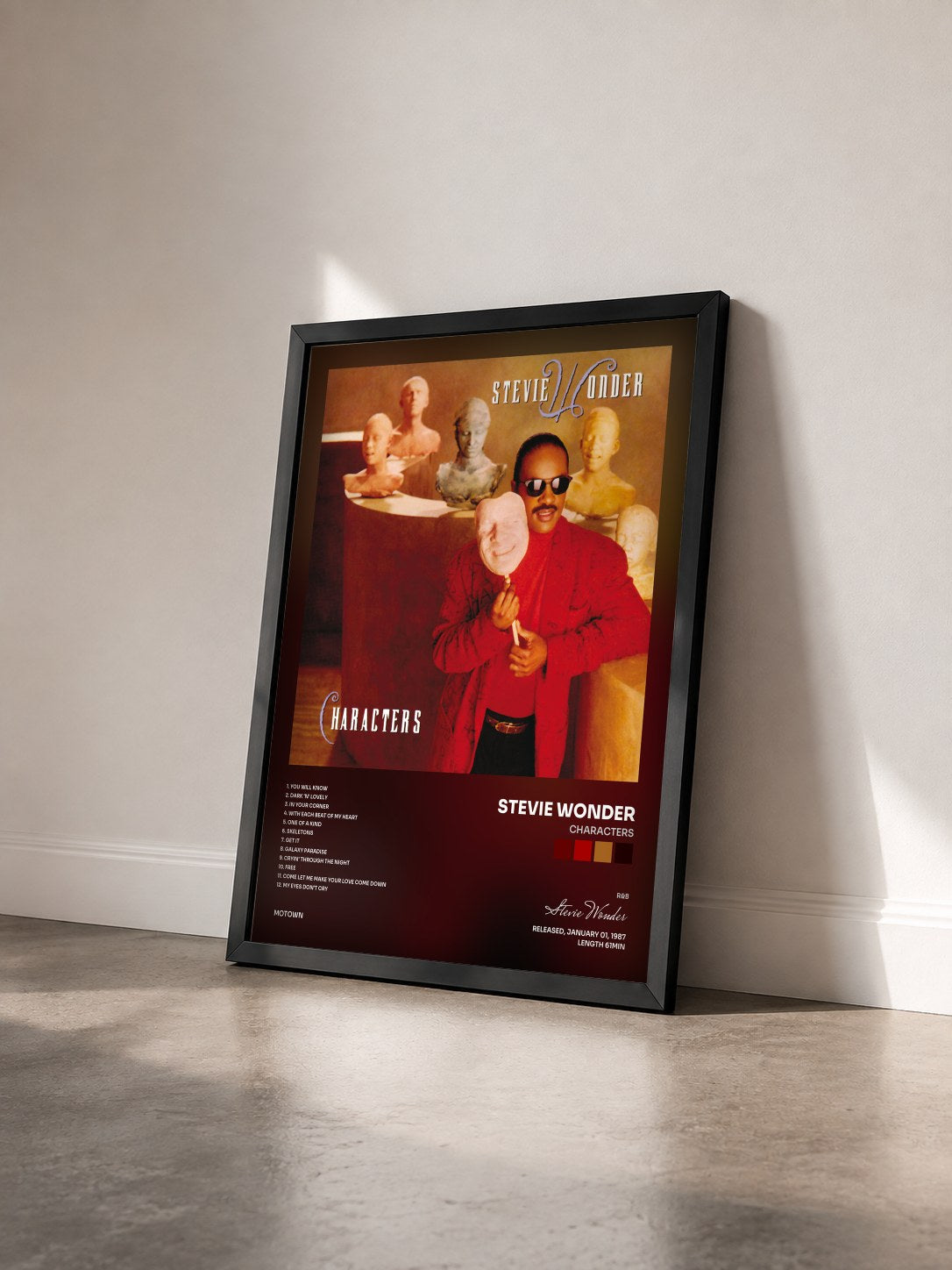 #noir Tableau de l'album Characters de Stevie Wonder vu de trois quarts, cadre noir
