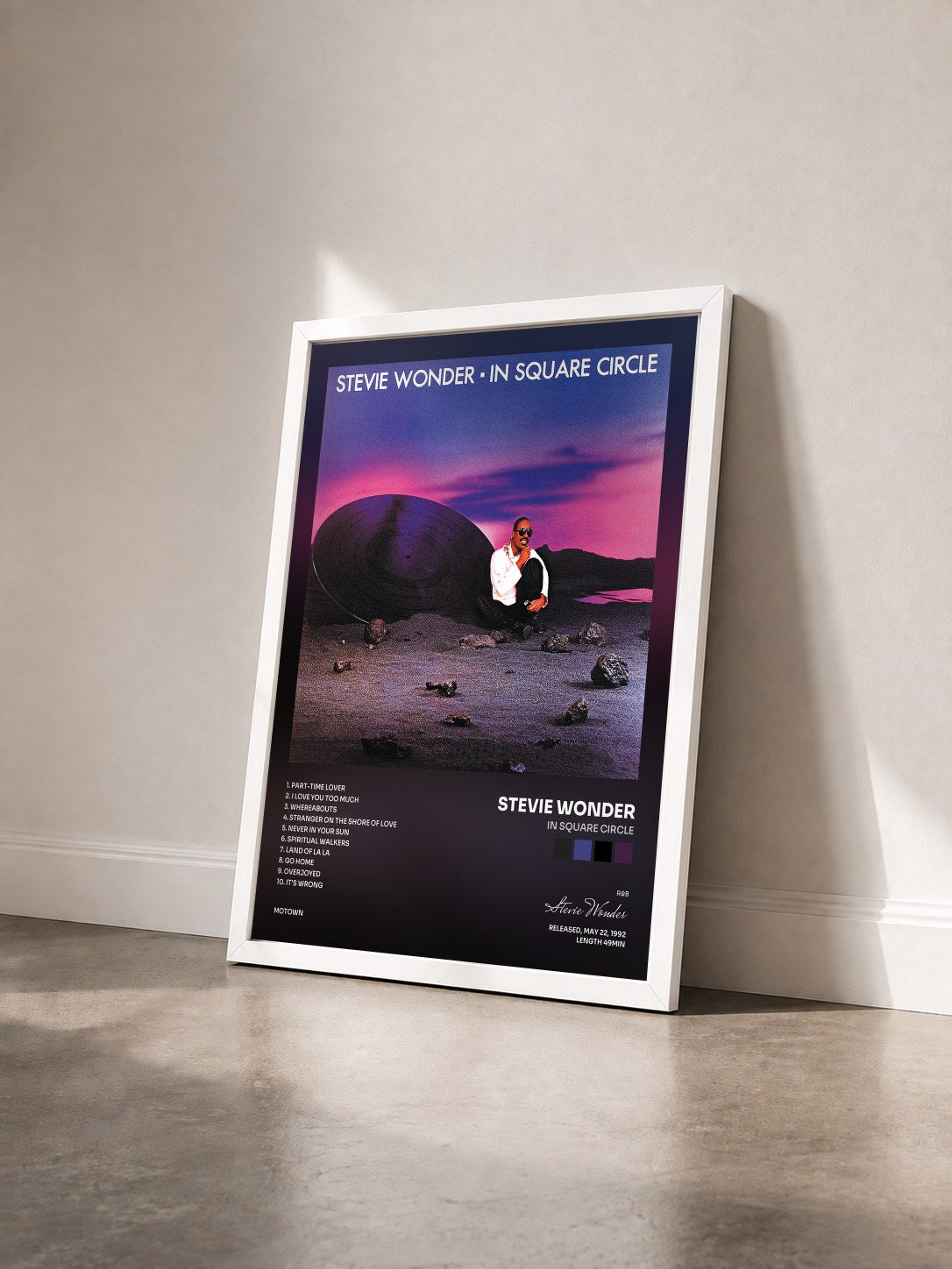 #blanc Tableau de l'album In Square Circle de Stevie Wonder vu de trois quarts, cadre blanc