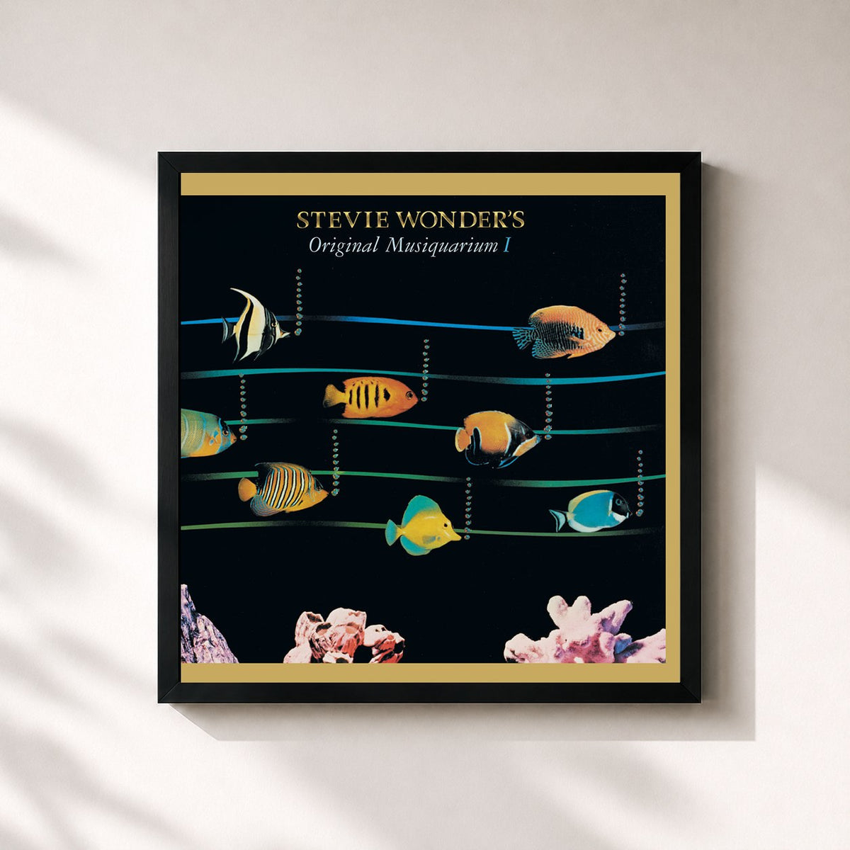 #noir Tableau carré de l'album Original Musiquarium de Stevie Wonder, cadre noir 32x32 cm