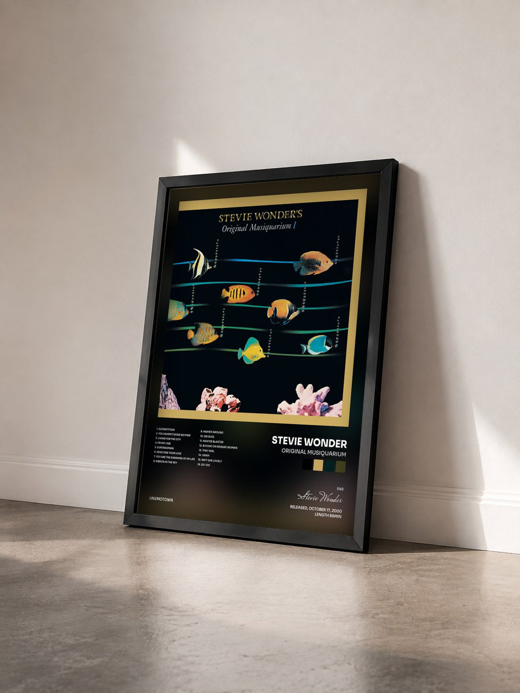 #noir Tableau de l'album Original Musiquarium de Stevie Wonder vu de trois quarts, cadre noir
