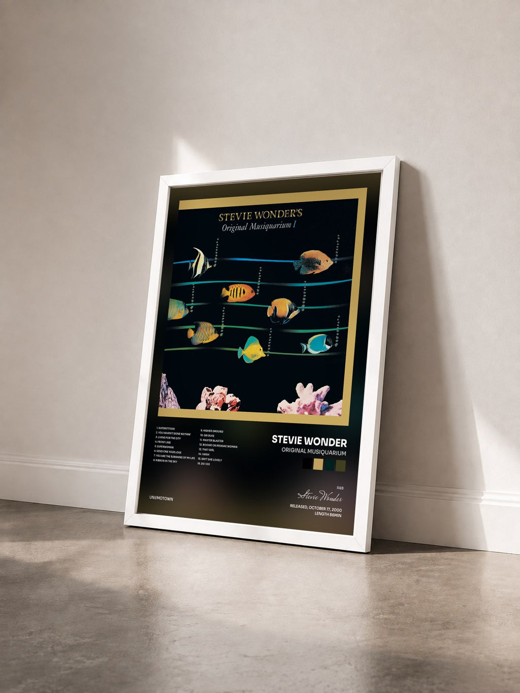 #blanc Tableau de l'album Original Musiquarium de Stevie Wonder vu de trois quarts, cadre blanc