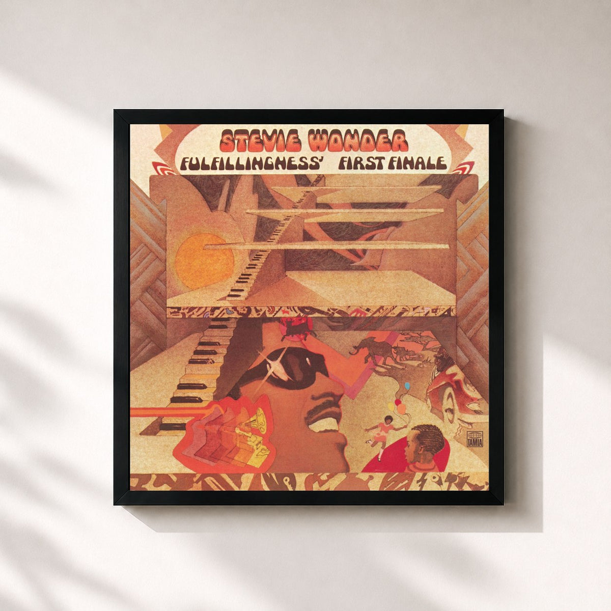 #noir Tableau carré de l'album Fulfillingness' First Finale de Stevie Wonder, cadre noir 32x32 cm