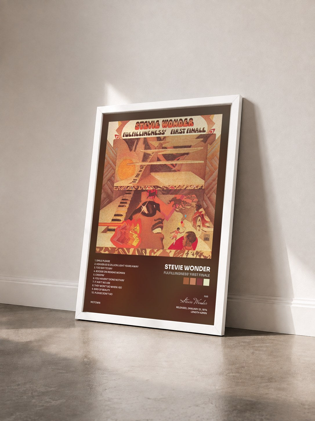 #blanc Tableau de l'album Fulfillingness' First Finale de Stevie Wonder vu de trois quarts, cadre blanc