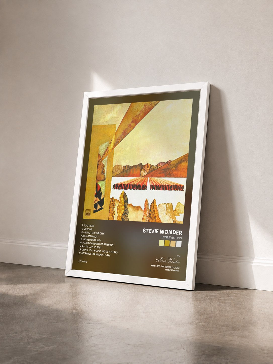 #blanc Tableau de l'album Innervisions de Stevie Wonder vu de trois quarts, cadre blanc