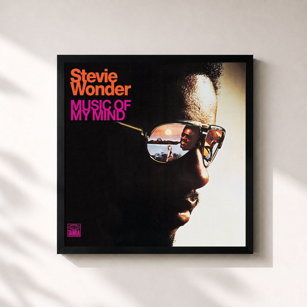 #noir Tableau carré de l'album Music Of My Mind de Stevie Wonder, cadre noir 32x32 cm