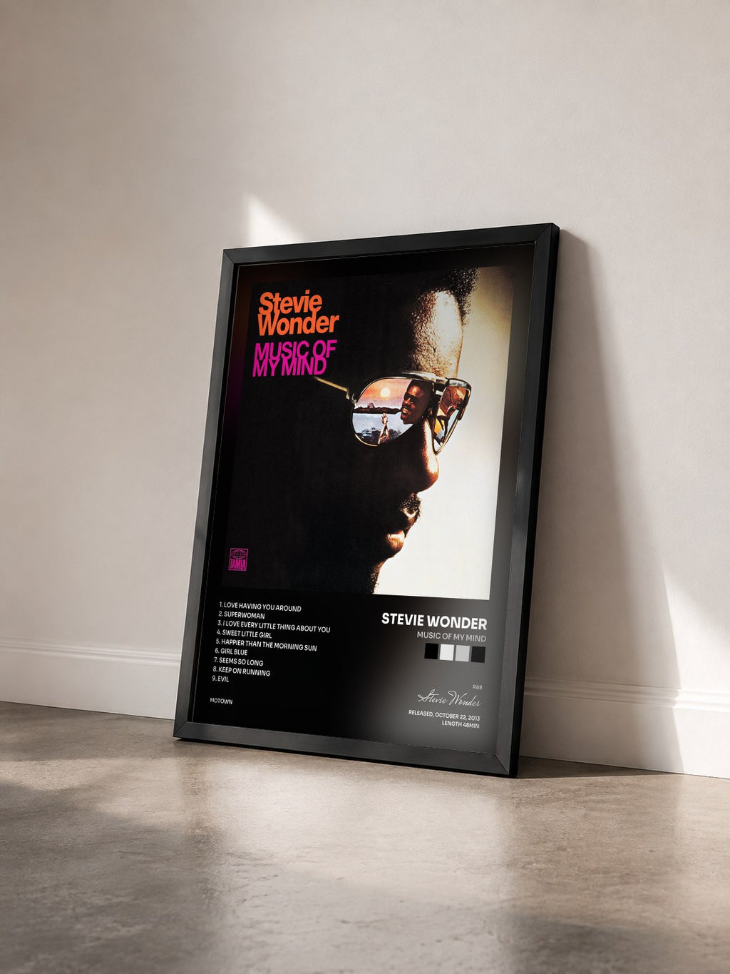 #noir Tableau de l'album Music Of My Mind de Stevie Wonder vu de trois quarts, cadre noir