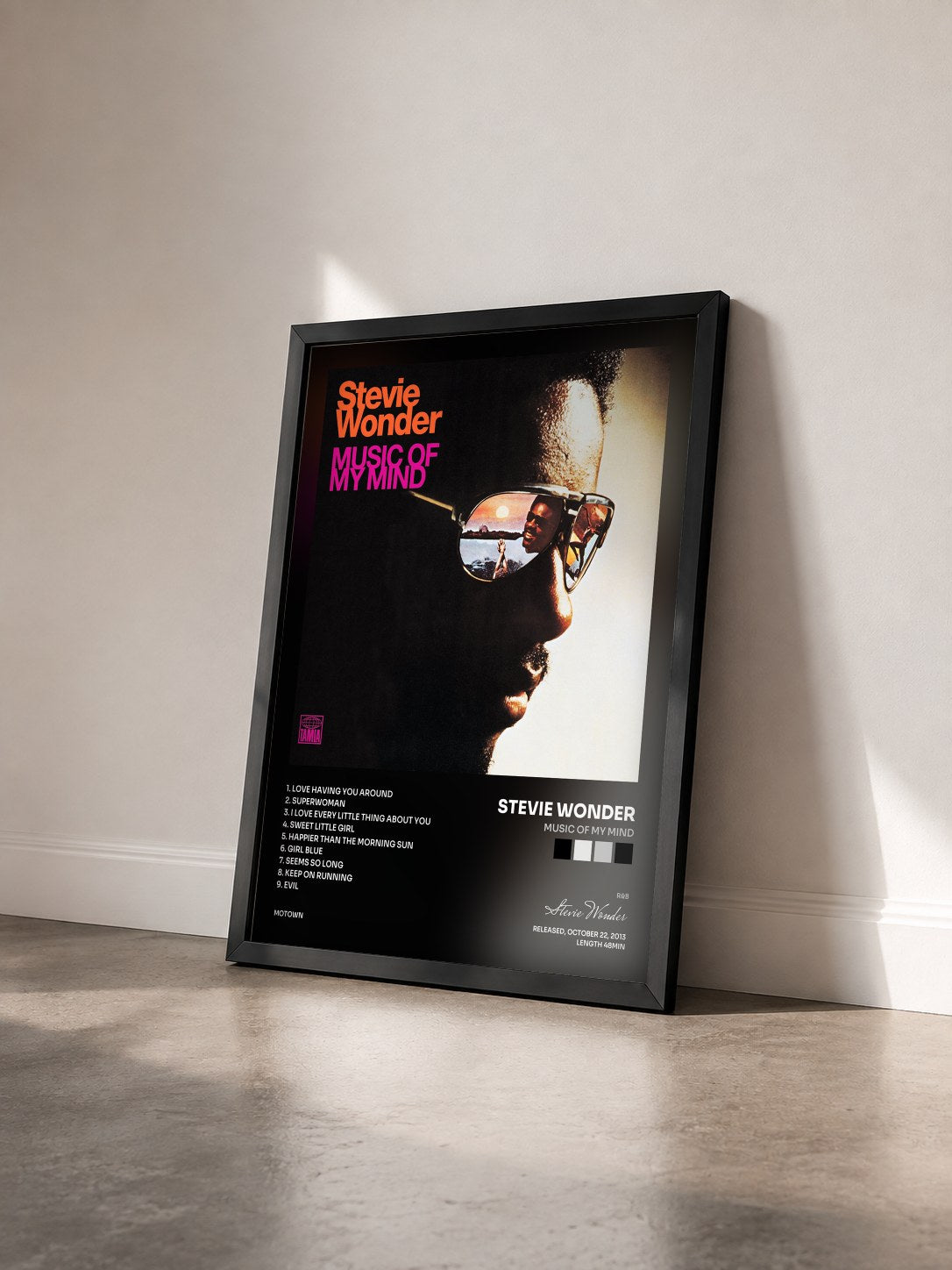 #noir Tableau de l'album Music Of My Mind de Stevie Wonder vu de trois quarts, cadre noir