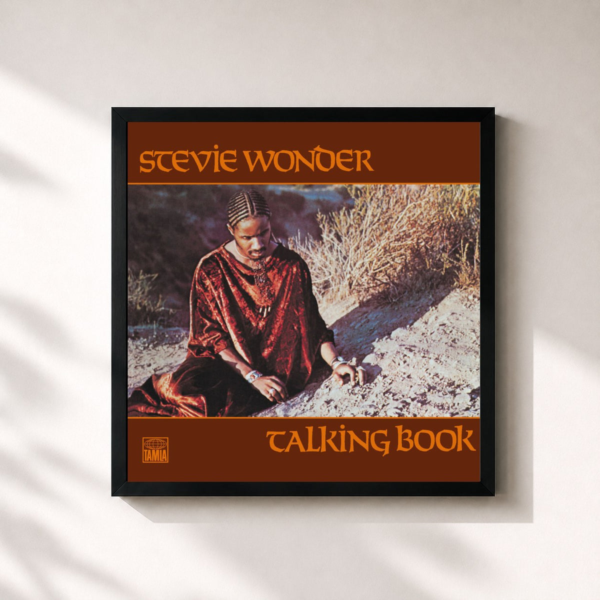 #noir Tableau carré de l'album Talking Book de Stevie Wonder, cadre noir 32x32 cm