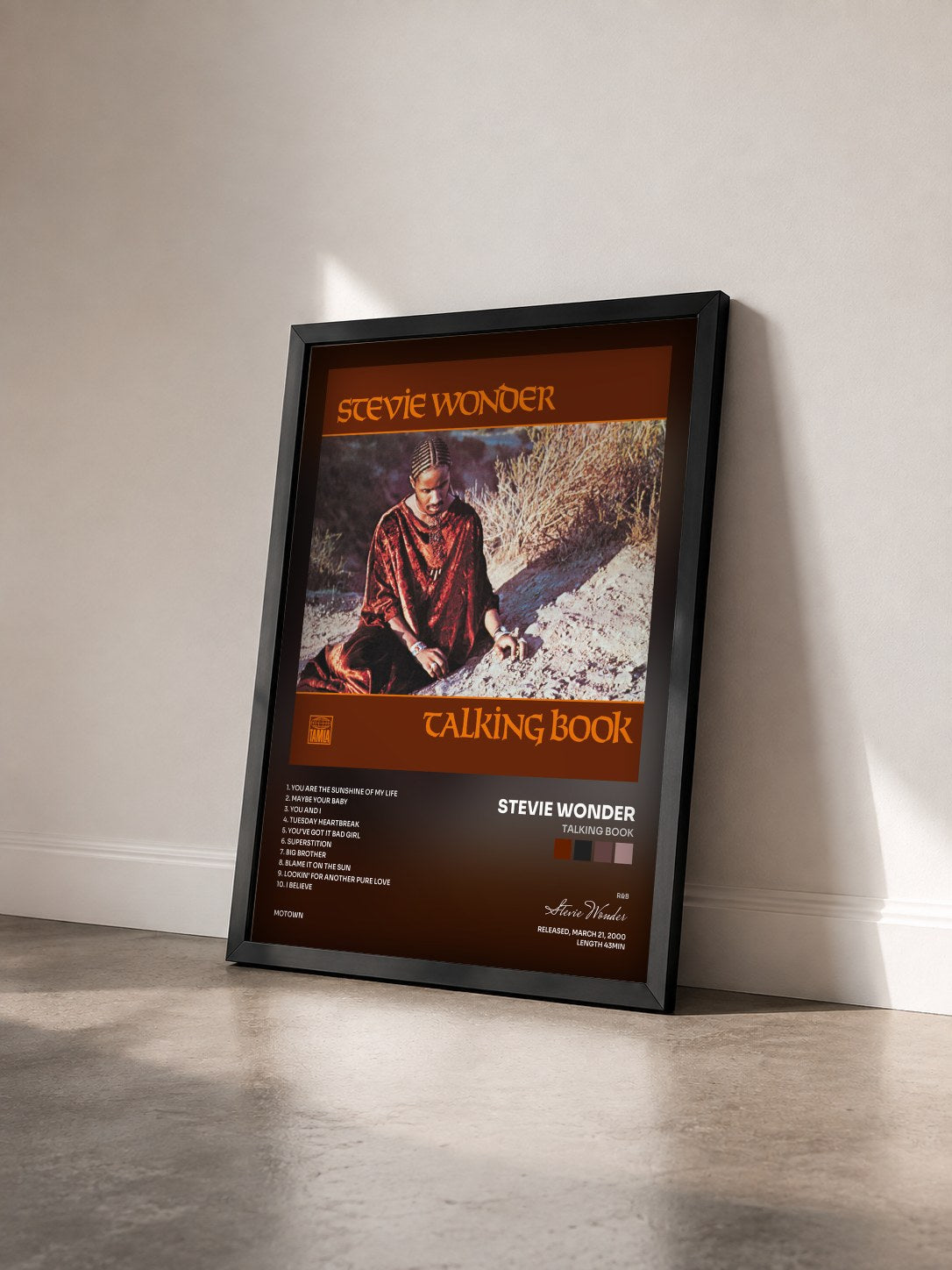#noir Tableau de l'album Talking Book de Stevie Wonder vu de trois quarts, cadre noir