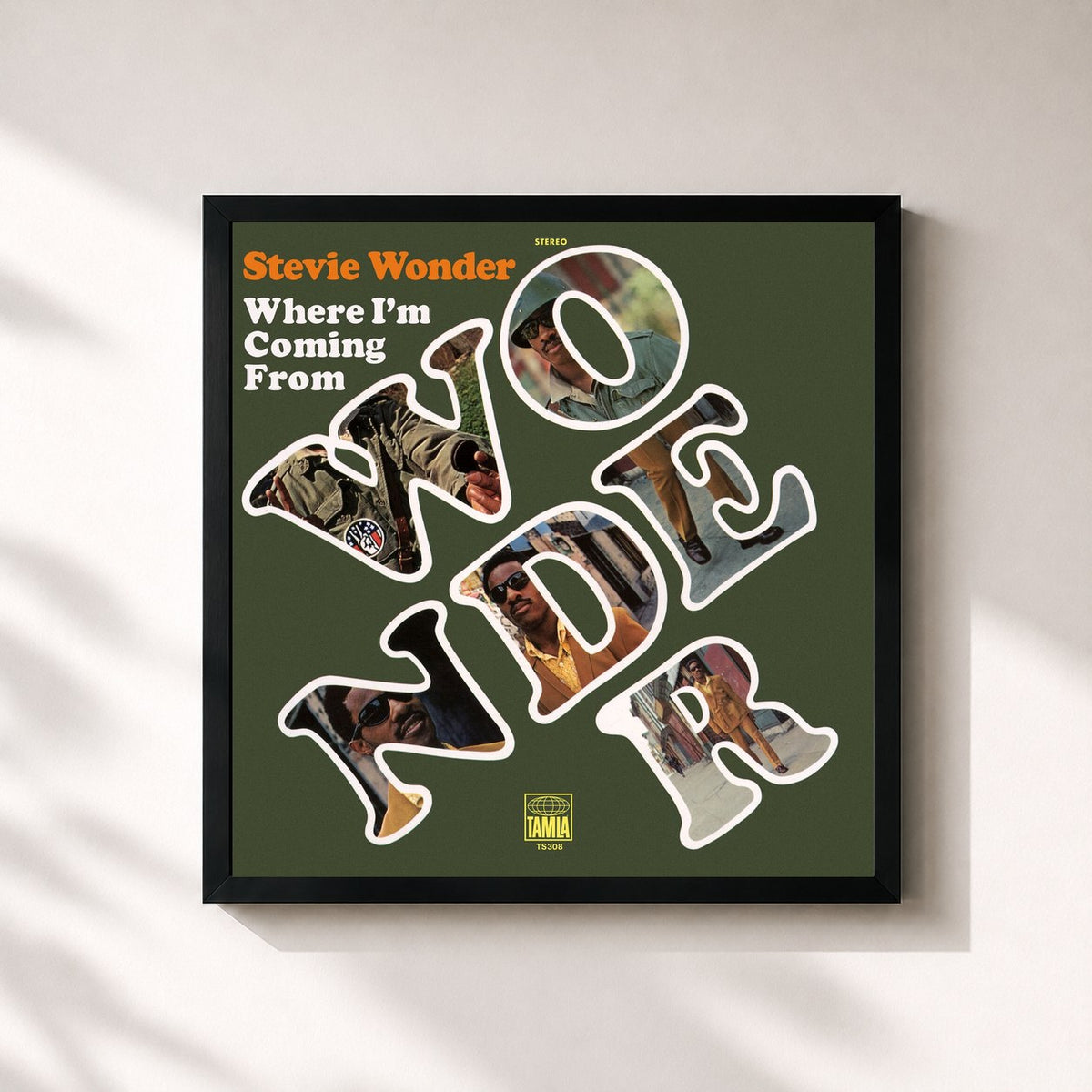 #noir Tableau carré de l'album Where I'm Coming From de Stevie Wonder, cadre noir 32x32 cm