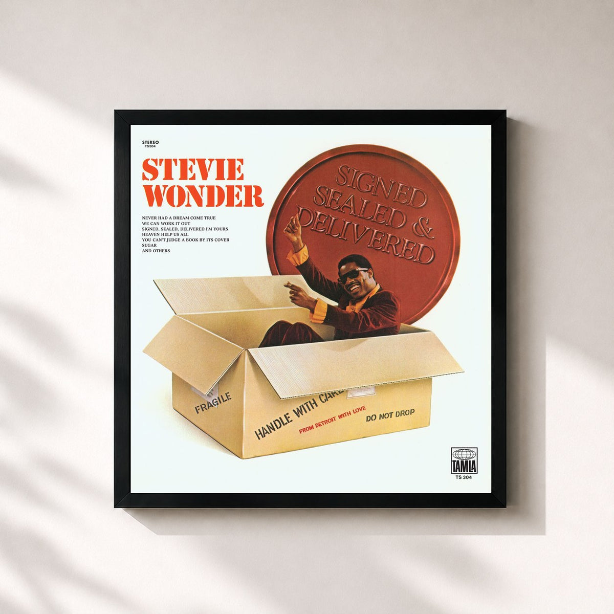 #noir Tableau carré de l'album Signed Sealed And Delivered de Stevie Wonder, cadre noir 32x32 cm