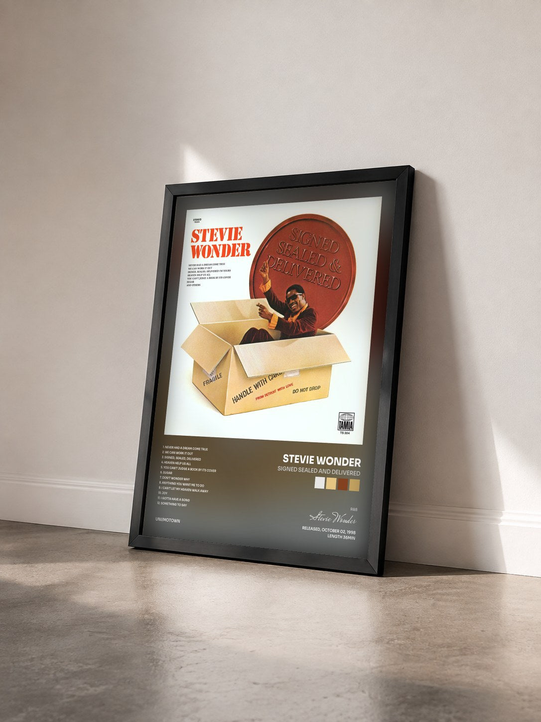 #noir Tableau de l'album Signed Sealed And Delivered de Stevie Wonder vu de trois quarts, cadre noir