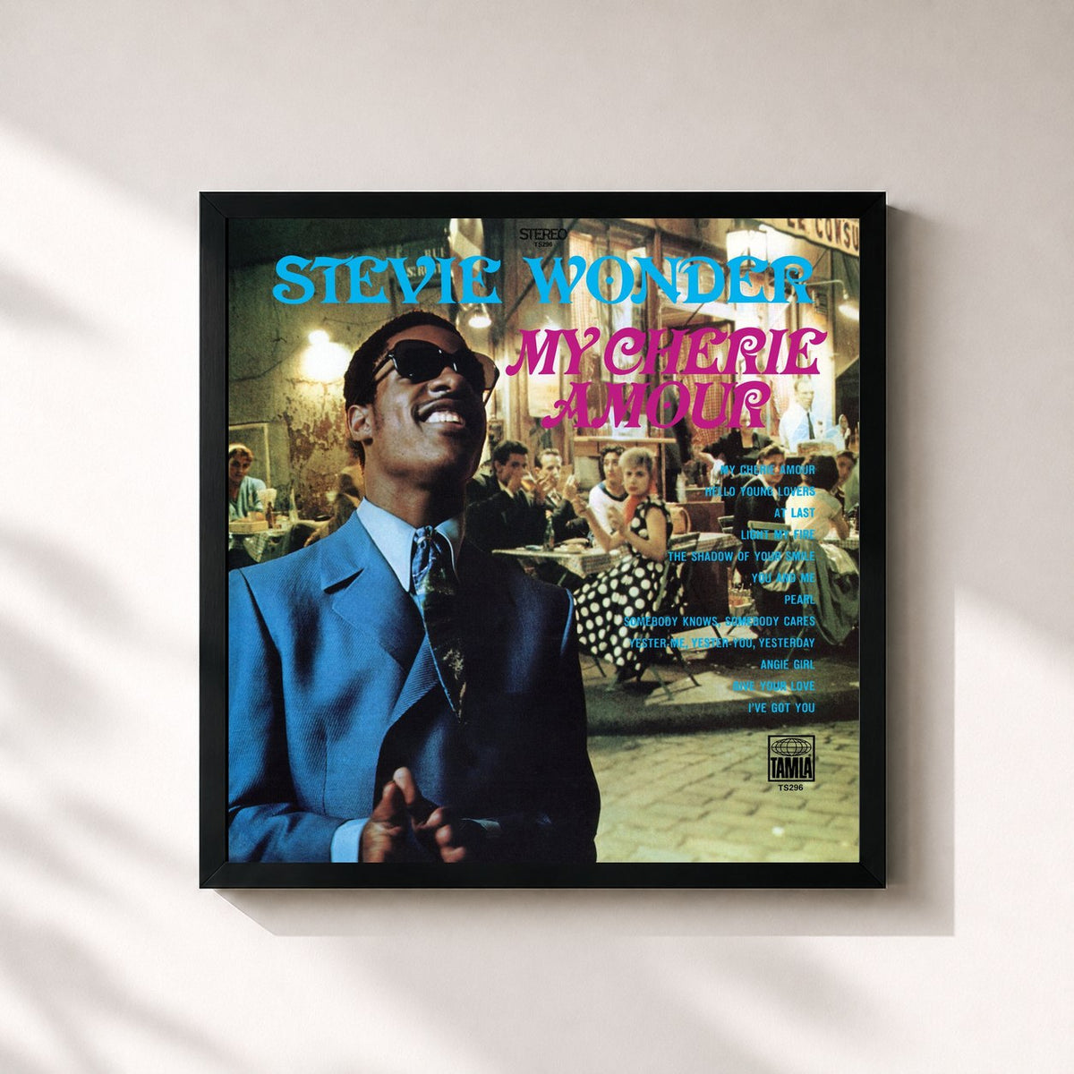 #noir Tableau carré de l'album My Cherie Amour de Stevie Wonder, cadre noir 32x32 cm