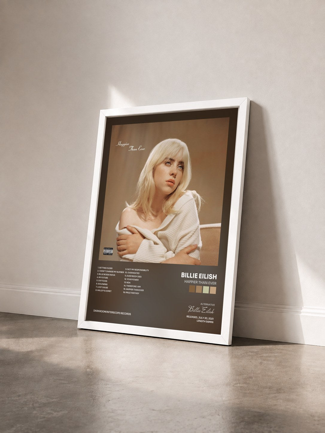 #blanc Tableau de l'album Happier Than Ever de Billie Eilish vu de trois quarts, cadre blanc