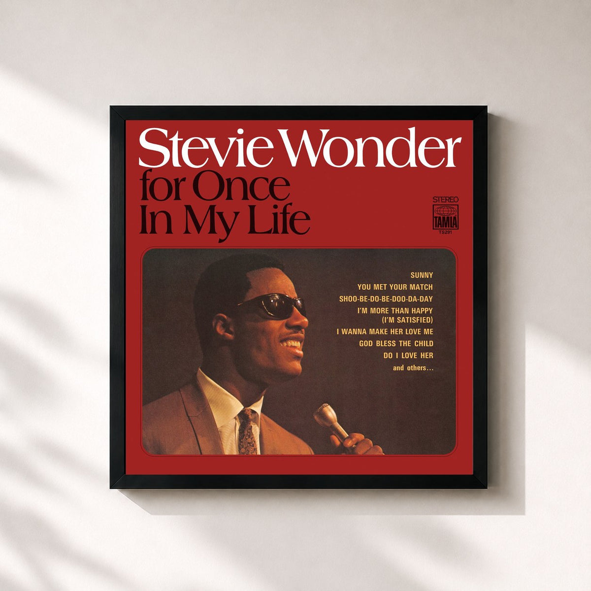 #noir Tableau carré de l'album For Once In My Life de Stevie Wonder, cadre noir 32x32 cm