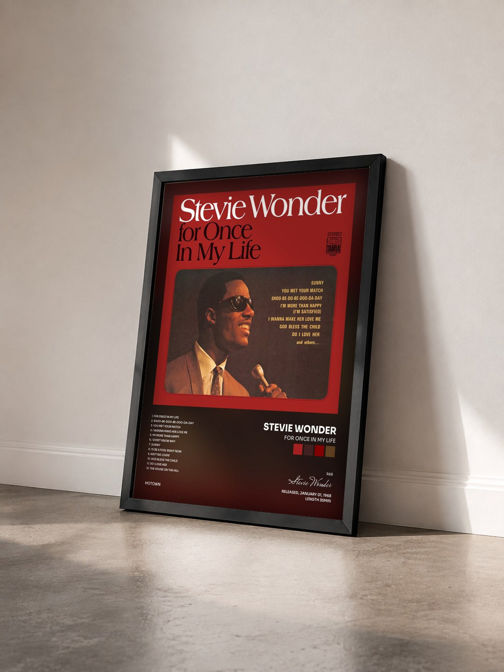 #noir For Once In My Life by Stevie Wonder as a framed art print seen at an angle, black frame