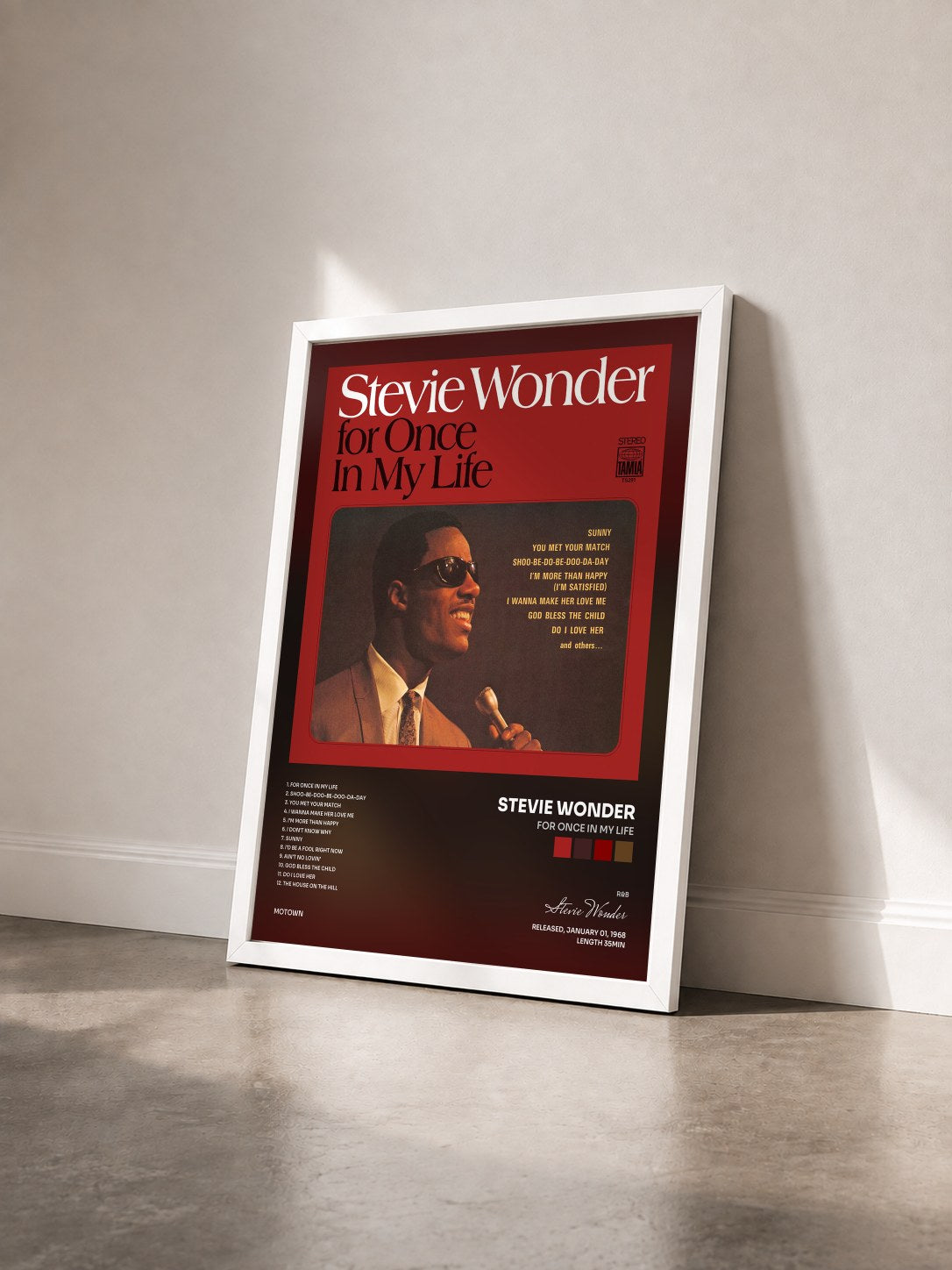 #blanc Tableau de l'album For Once In My Life de Stevie Wonder vu de trois quarts, cadre blanc