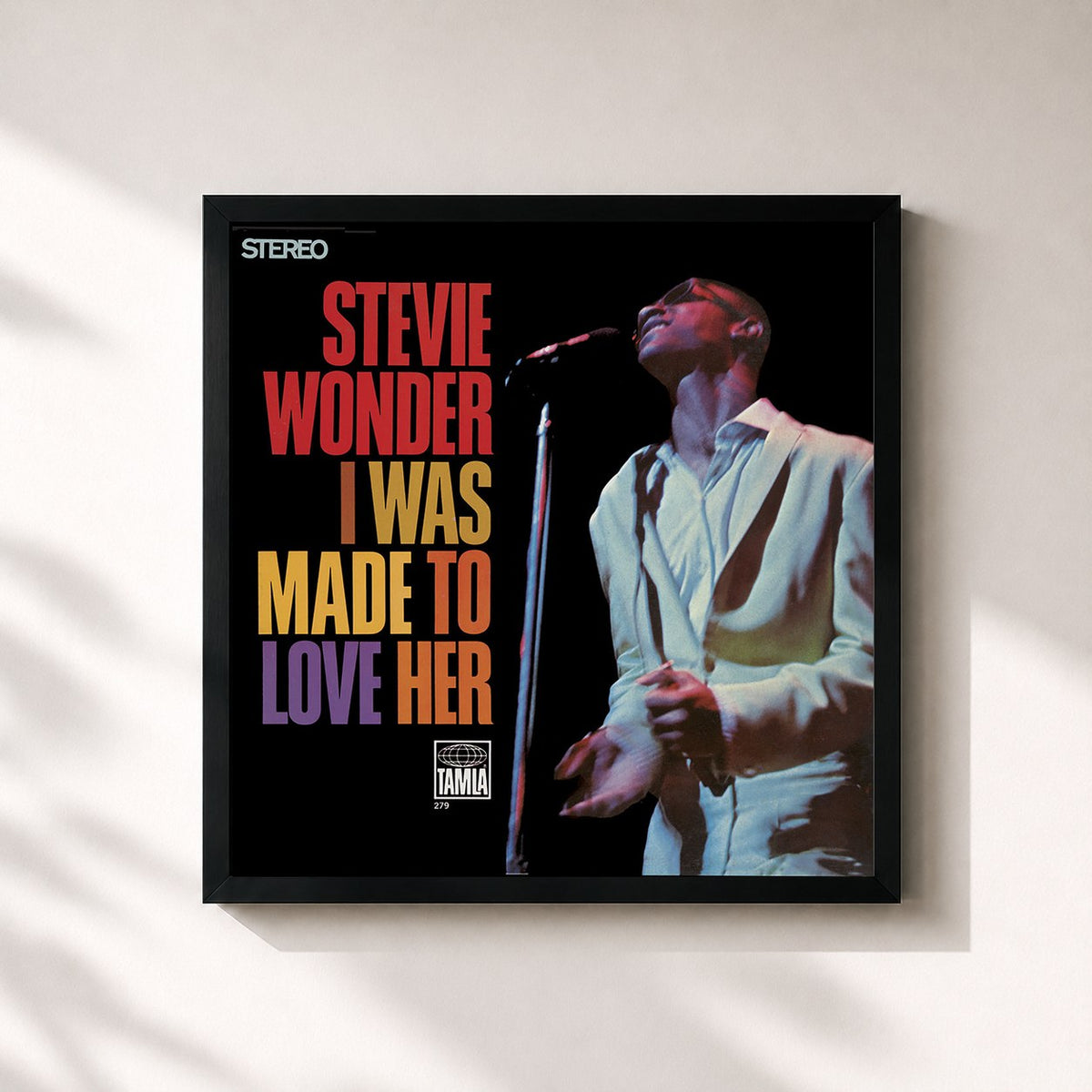 #noir Tableau carré de l'album I Was Made To Love Her de Stevie Wonder, cadre noir 32x32 cm