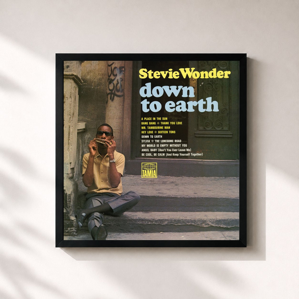 #noir Tableau carré de l'album Down To Earth de Stevie Wonder, cadre noir 32x32 cm